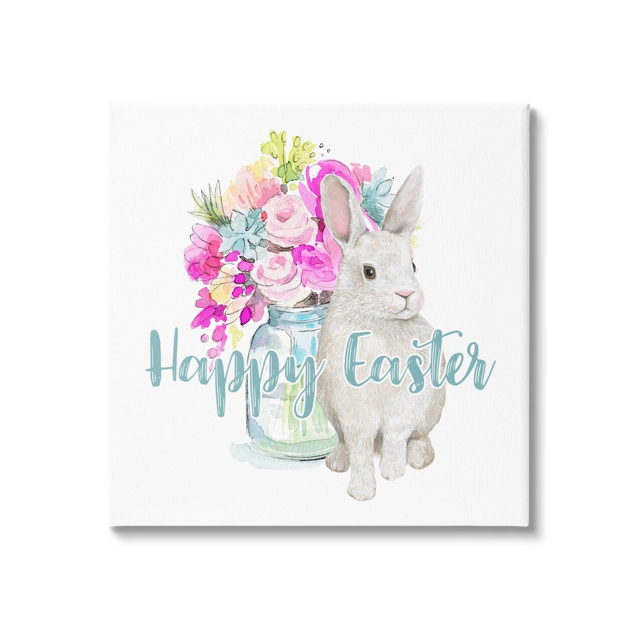 Stupell Industries Happy Easter Calligraphy Bunny Pink Flower Bouquet Canvas Wall Art